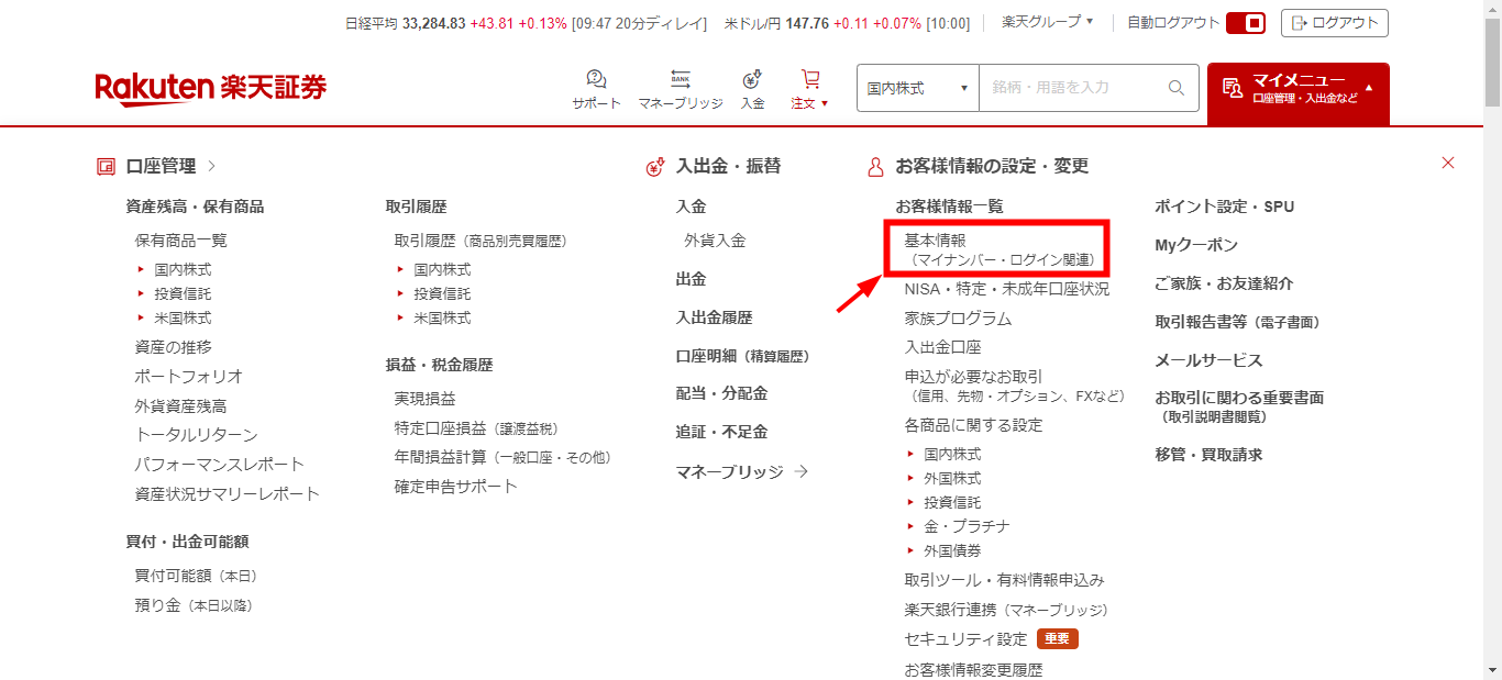 楽天証券オフィシャルサイト内の基本情報