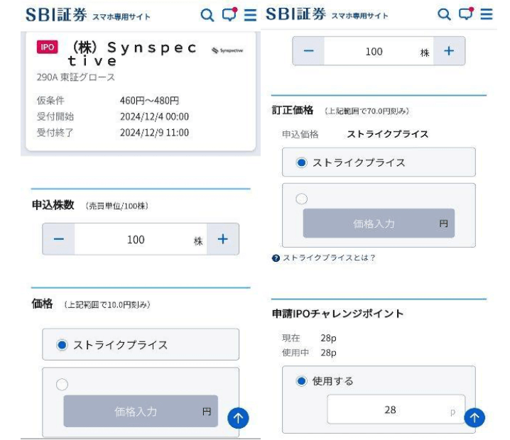 株数・価格・ポイントの使用有無を選択